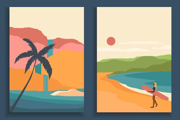 Abstract colorful landscape poster collection. Set of contemporary art beach print templates.