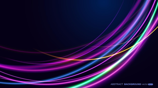 Abstract colorful neon light curve beam effect on dark blue background