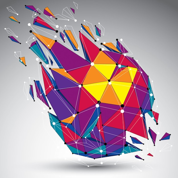 Abstract colorful vector low poly wrecked object with black lines and dots connected. 3d origami futuristic form with lines mesh.