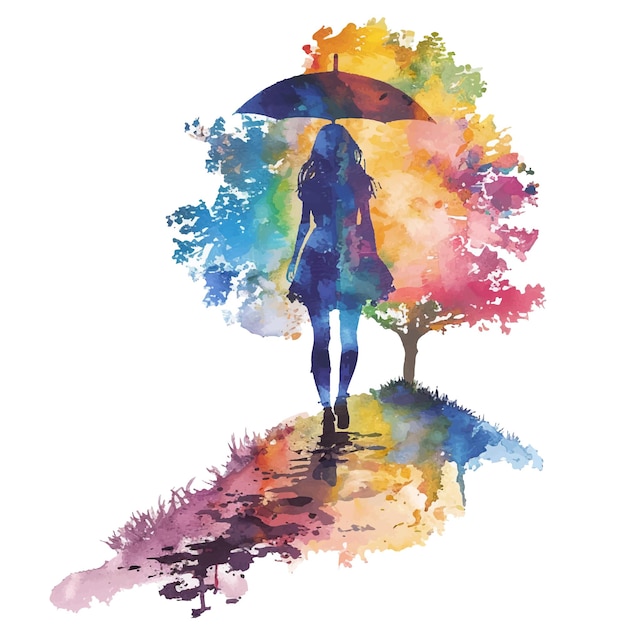 abstract colour silhouette of umbrella girl vector illustration in watercolour style