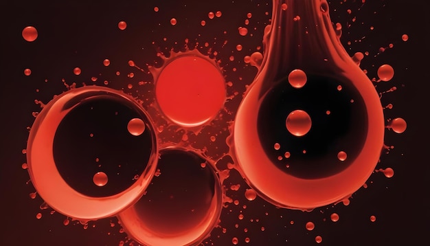 Abstract composition of red liquid splashes drops and spheres colliding against a dark background creating a dynamic and artistic scene