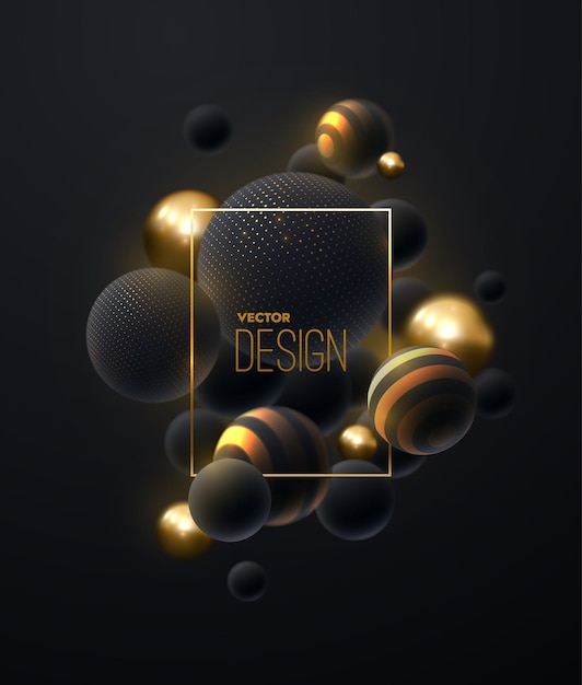 Abstract composition with black and golden bubbles cluster