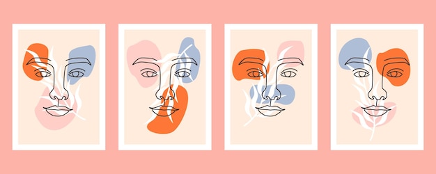 Abstract contemporary line portrait face boho poster template collection