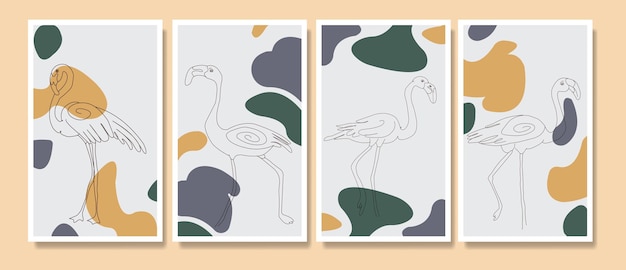 Abstract contemporary mid century modern flamingo line art portraits boho poster template collection