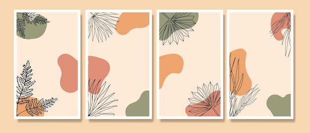 Abstract contemporary mid century modern tropical leaf line art portraits boho poster template set