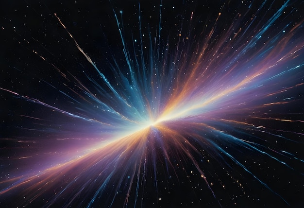 Vector abstract cosmic explosion of colorful light streaks radiating from a central point against a dark background with stars