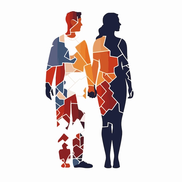 Abstract couple silhouette with vitiligo of different nationalities standing together