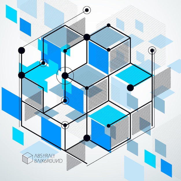 Abstract creative geometric art with a variety of geometric elements blue background, vector illustration. Perspective blueprint of mechanism, scheme. Perfect background for your design projects