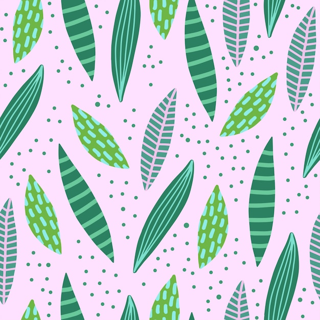 Abstract creative seamless patterns with tropical leaves.