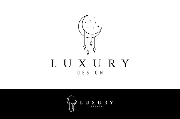 Abstract crescent moon logo design template with hanging crystal decoration and sparkling stars in minimalistic bohemian one line concept