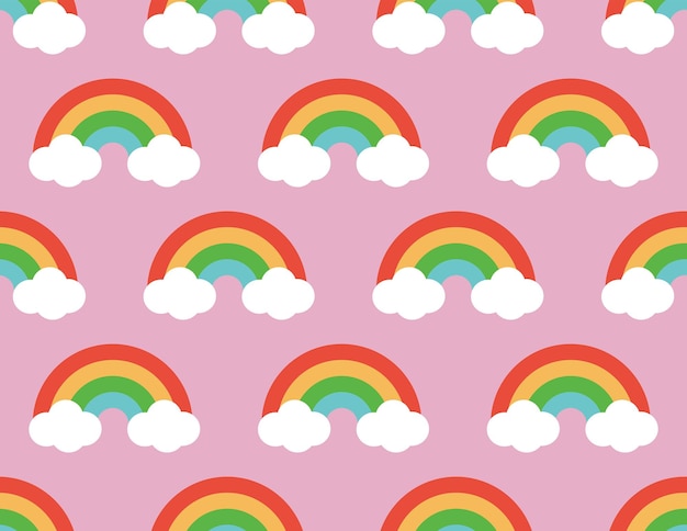 Abstract Cute Rainbows Clouds Seamless Pattern Kid Style Sweet Design Red Background