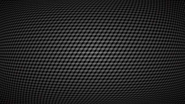 Abstract dark background of small isometric cubes in shades of black and gray colors with the fish eye effect.