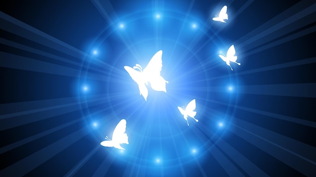 Abstract Dark Background With Butterflies Insects Glow Light Shine Flashes Vector Design Style