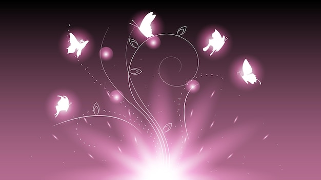 Abstract Dark Background With Butterflies Insects Glow Light Shine Flashes Vector Design Style