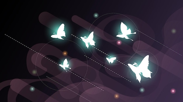 Vector abstract dark background with butterflies insects glow light shine flashes vector design style