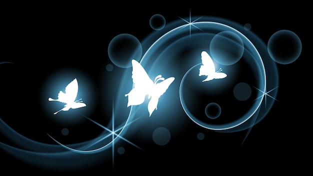 Abstract Dark Background With Butterflies Insects Glow Light Shine Flashes Vector Design Style