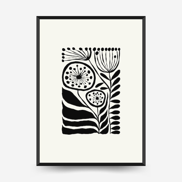 Abstract dark floral posters template Modern trendy Matisse minimal style Black and white colors