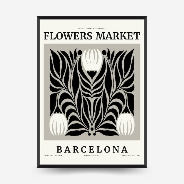 Abstract dark floral posters template Modern trendy Matisse minimal style Black and white colors