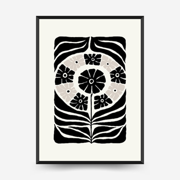 Abstract dark floral posters template Modern trendy Matisse minimal style Black and white colors