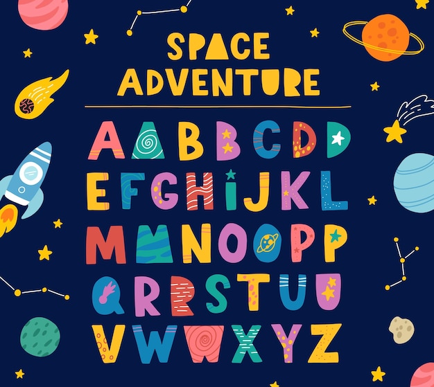 Abstract decorative English alphabet Space cute Kids font Ideal for education home decor Vector colorful Illustration in cute scandinavian style