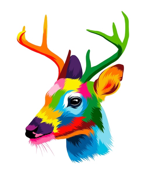 Abstract deer head portrait cervus elaphus dama dama from multicolored paints Colored drawing Ve