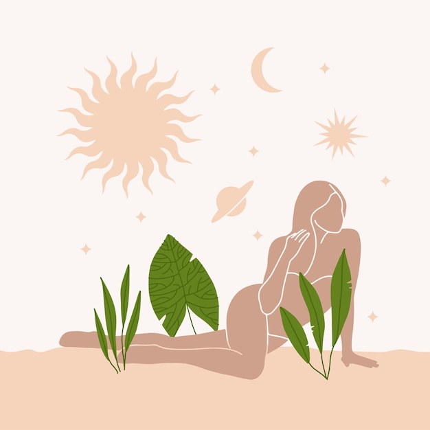 Abstract desert poster of girl laying down between plants, sun and moon in boho style illustration