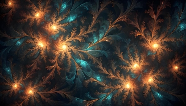 An abstract design featuring swirling blue and orange tendrils on a dark background The tendrils appear to be intertwined and branching out in a rhythmic pattern