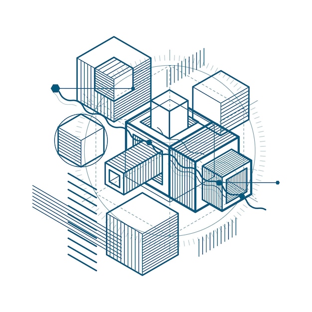 Abstract design with 3d linear mesh shapes and figures, vector isometric background. Cubes, hexagons, squares, rectangles and different abstract elements.