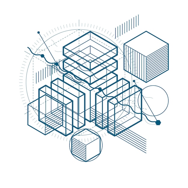 Abstract design with 3d linear mesh shapes and figures, vector isometric background. Cubes, hexagons, squares, rectangles and different abstract elements.