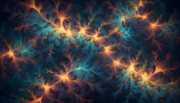 An abstract design with swirling orange and blue tendrils on a dark blue background The tendrils appear to be intertwined and branching out in a rhythmic pattern