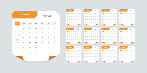 Abstract designed modern calendar template of 2024 with accurate date format and page curl effect shape