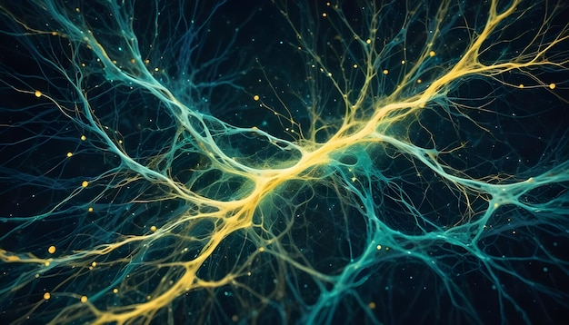 An abstract digital art piece capturing a closeup view of a neuron or nerve cell with intricate bran