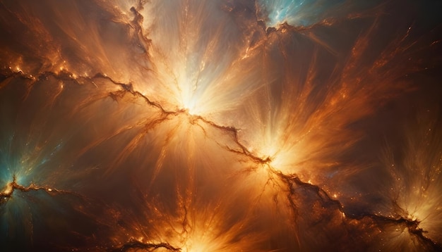 Abstract digital artwork featuring a cosmic nebula with swirling glowing clouds in shades of orange yellow and blue The image resembles a celestial landscape with a sense of energy and movement