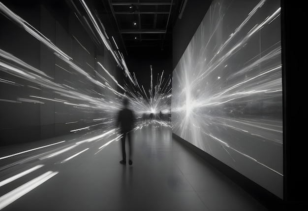 Vector abstract digital image of a person walking towards a large screen displaying a white explosion effect in a dark corridor with lights