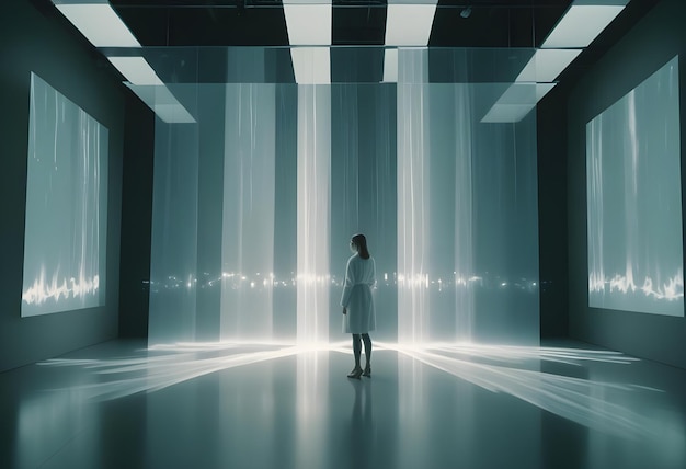 Vector abstract digital image of a woman in a white coat standing in a futuristic room with glowing vertical lines and screens displaying abstract patterns creating a sense of mystery and technology