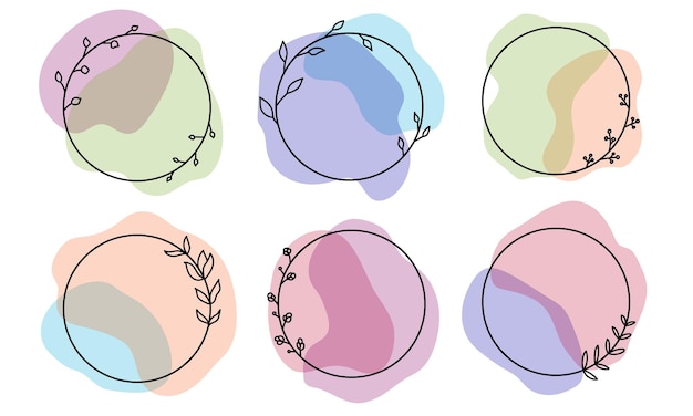 Abstract doodle frames colorful pastel set hand drawn Cute round lines with leaves circles plant