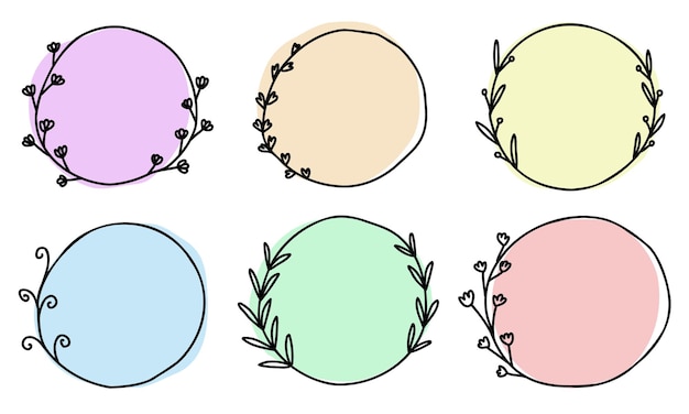 Abstract doodle frames colorful pastel set hand drawn. Cute round lines with leaves, circles, plant