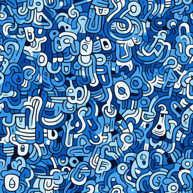 Vector abstract doodle graffiti blue and white background seamless pattern