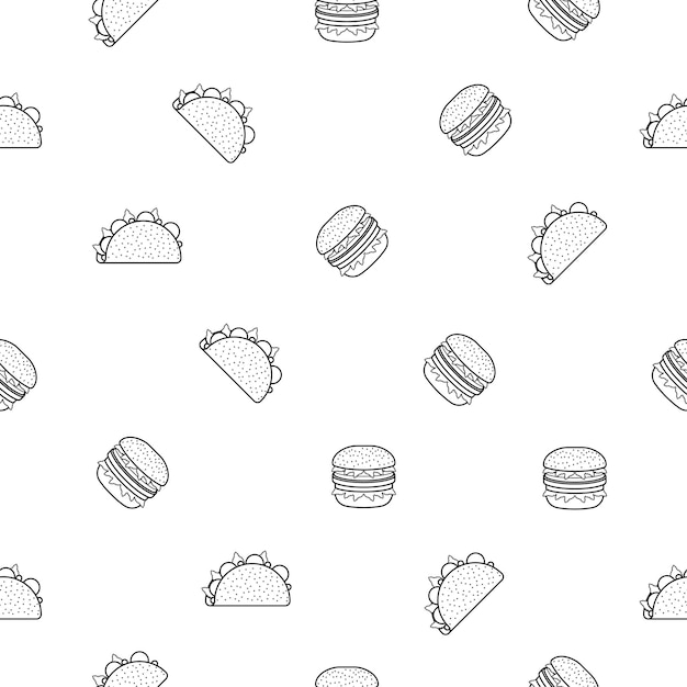 Abstract Doodle Seamless Pattern, Hand Drawn Fast Food Elements. Vector Design Style Background