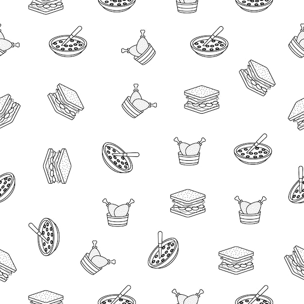 Abstract Doodle Seamless Pattern, Hand Drawn Fast Food Elements. Vector Design Style Background