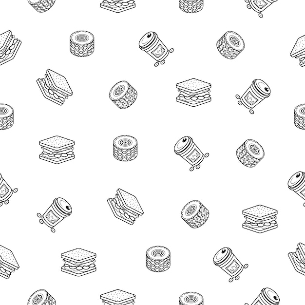 Abstract Doodle Seamless Pattern, Hand Drawn Fast Food Elements. Vector Design Style Background