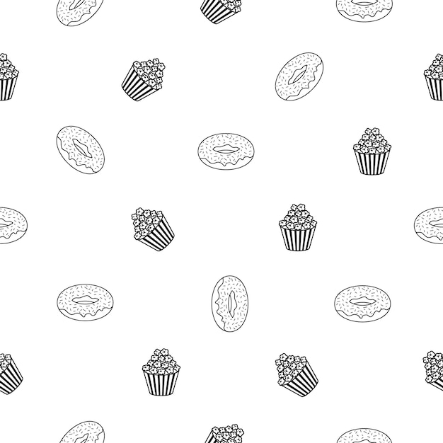 Abstract Doodle Seamless Pattern, Hand Drawn Fast Food Elements. Vector Design Style Background