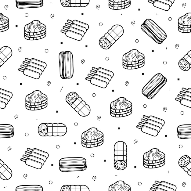 Abstract Doodle Seamless Pattern, Hand Drawn Meat Butcher Food Elements. Vector Design Background