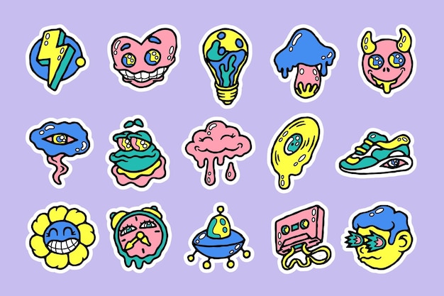 Abstract doodle sticker Cartoon psychedelic comic characters and objects with funny faces Vector retro stickers set