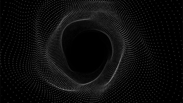 Abstract dynamic wireframe tunnel on black background Deep wavy wormhole Futuristic particle flow Vector illustration