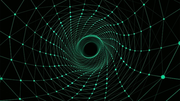 Abstract dynamic wireframe tunnel on green background Deep wave wormhole Futuristic particle flow Vector illustration