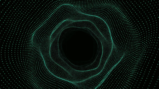 Abstract dynamic wireframe tunnel on green background Deep wave wormhole Futuristic particle flow Vector illustration