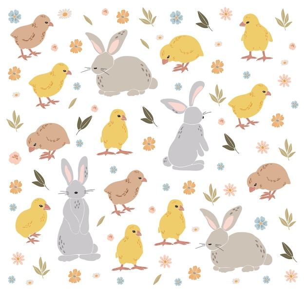 Abstract Easter chicken and bunny set boho