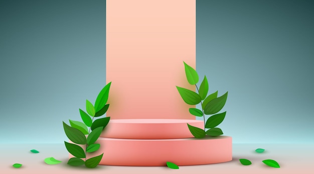 Abstract eco scene background Cylinder podium with leaves Product presentation mock up show natural cosmetic product Podium stage pedestal or platform