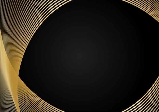 Abstract elegant template black and gold line overlapping dimension on dark background luxury style. Abstract stripes golden lines on black background